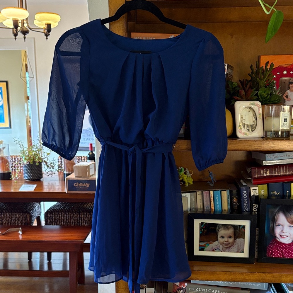 Girls Blue Dress with Chiffon Overlay and Sheer Sleeves